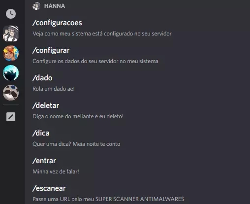 Interface de comandos do Discord mostrando uma lista de comandos da Hanna