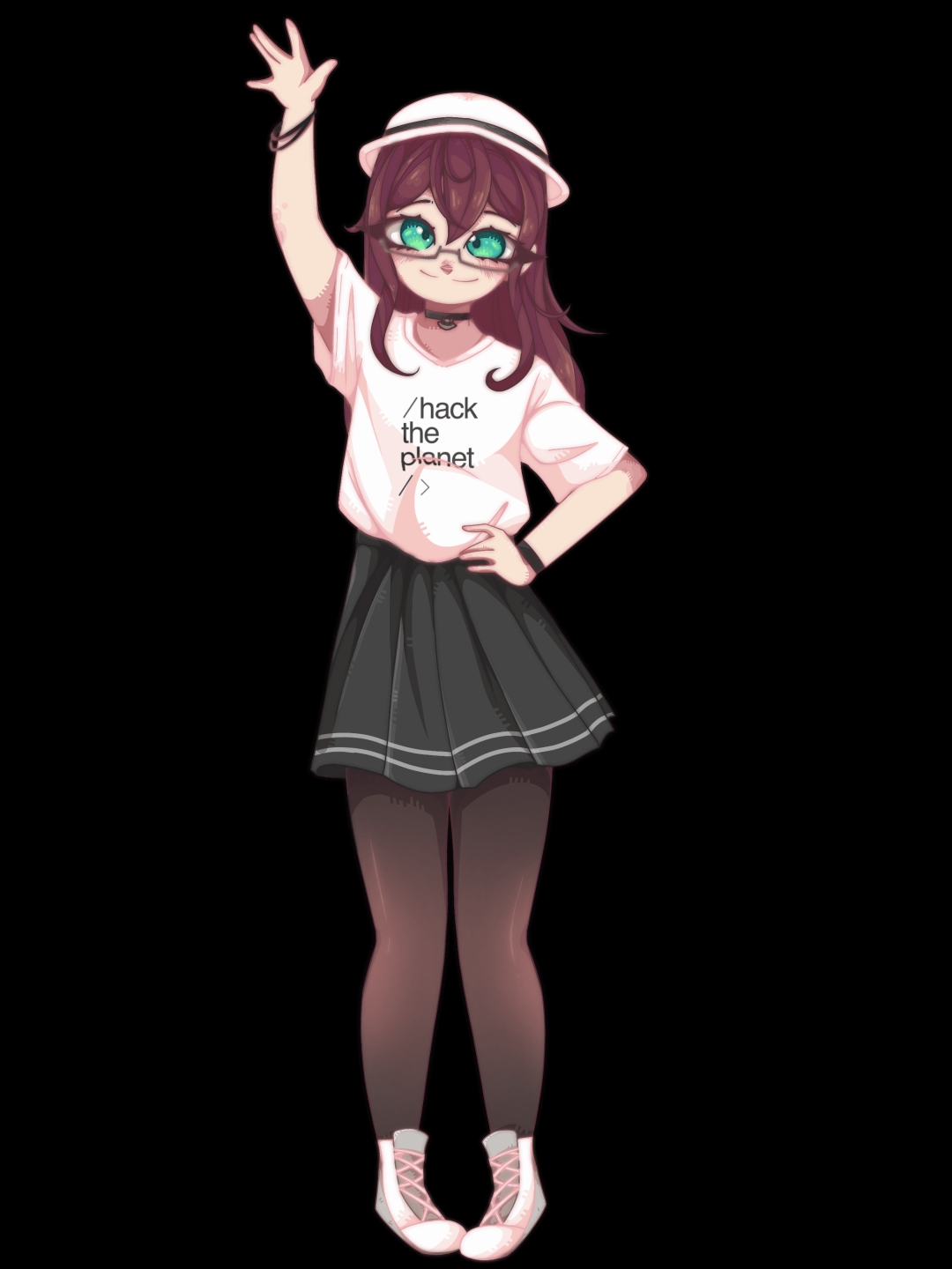 A Hanna, uma garota de chapéu branco, óculos, camiseta branca e saia preta acenando e sorrindo